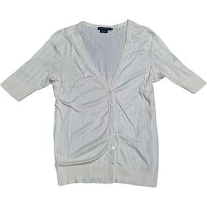 Ralph Lauren Cream Knit Short Sleeve Cardigan Sweater Button Front V Neck Size L